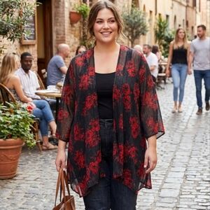 Torrid ROSE Black and Red Chiffon Floral Kimono One Size Xl- 1 X